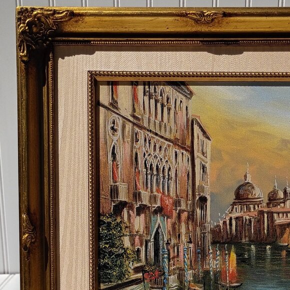 Oil Painting On Canvas Venetian Canal Scene Signed Venice Gondolas Framed Vtg - Picture 11 of 14